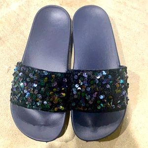 Navy Blue Sequined Slides